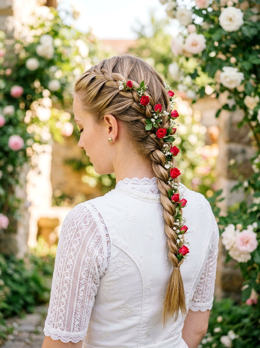 French Braid With Rosebuds - 20 wedding hairstyles with flowers