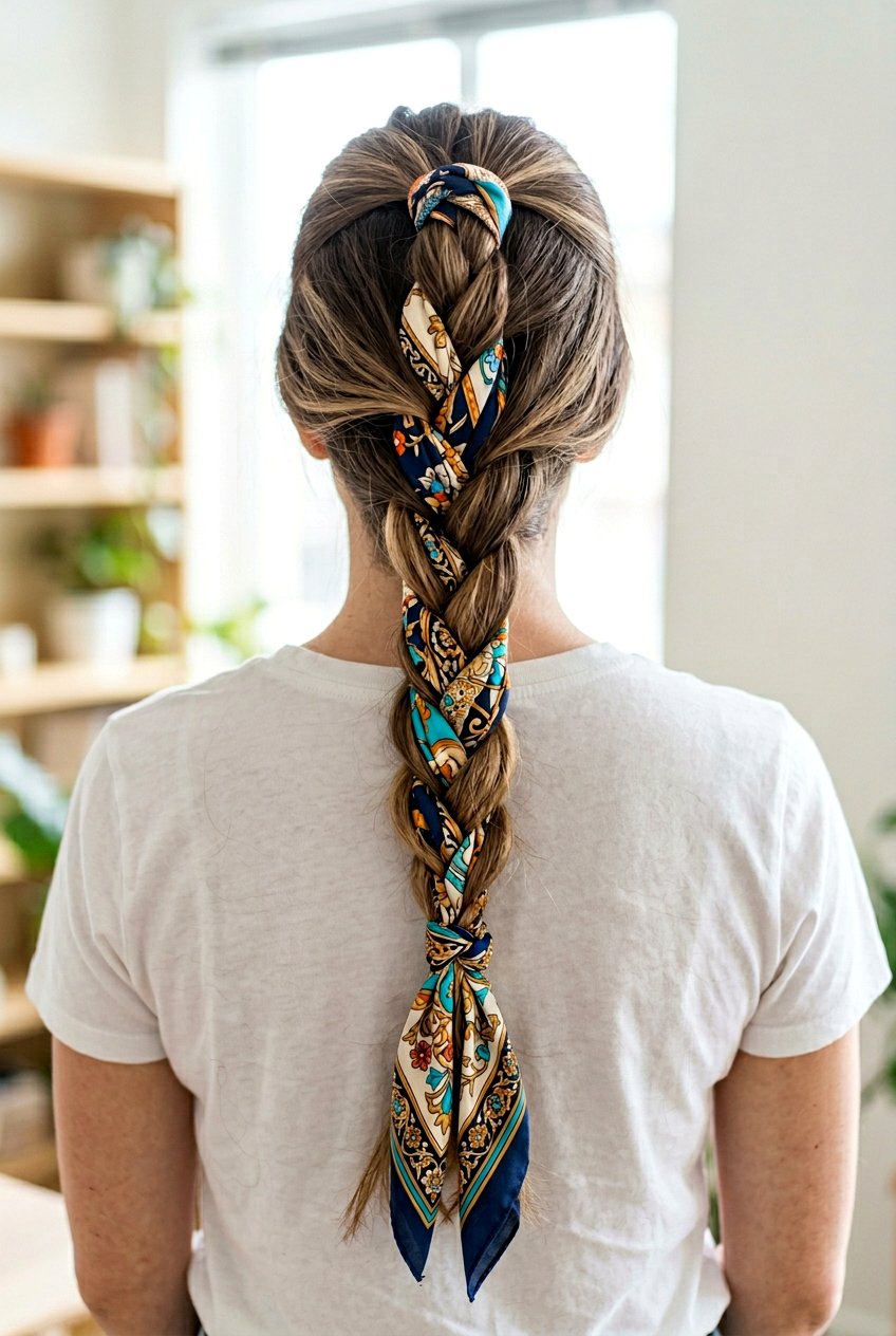 French Braid With Scarf Woven In - 20 braided scarf hairstyle - 20 braided scarf hairstyle