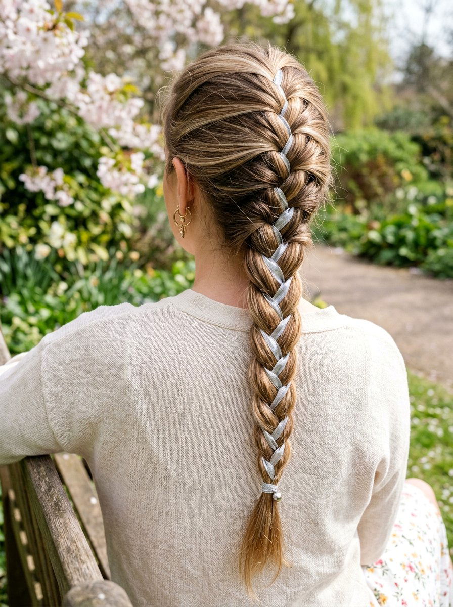 French Braid With Silver Ribbon - 20 silver ribbons for shoulder length hair - 20 silver ribbons for shoulder length hair