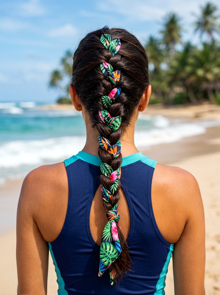 French Braid With Tropical Scarf Woven - 20 vacation hairstyle with tropical scarf - 20 vacation hairstyle with tropical scarf