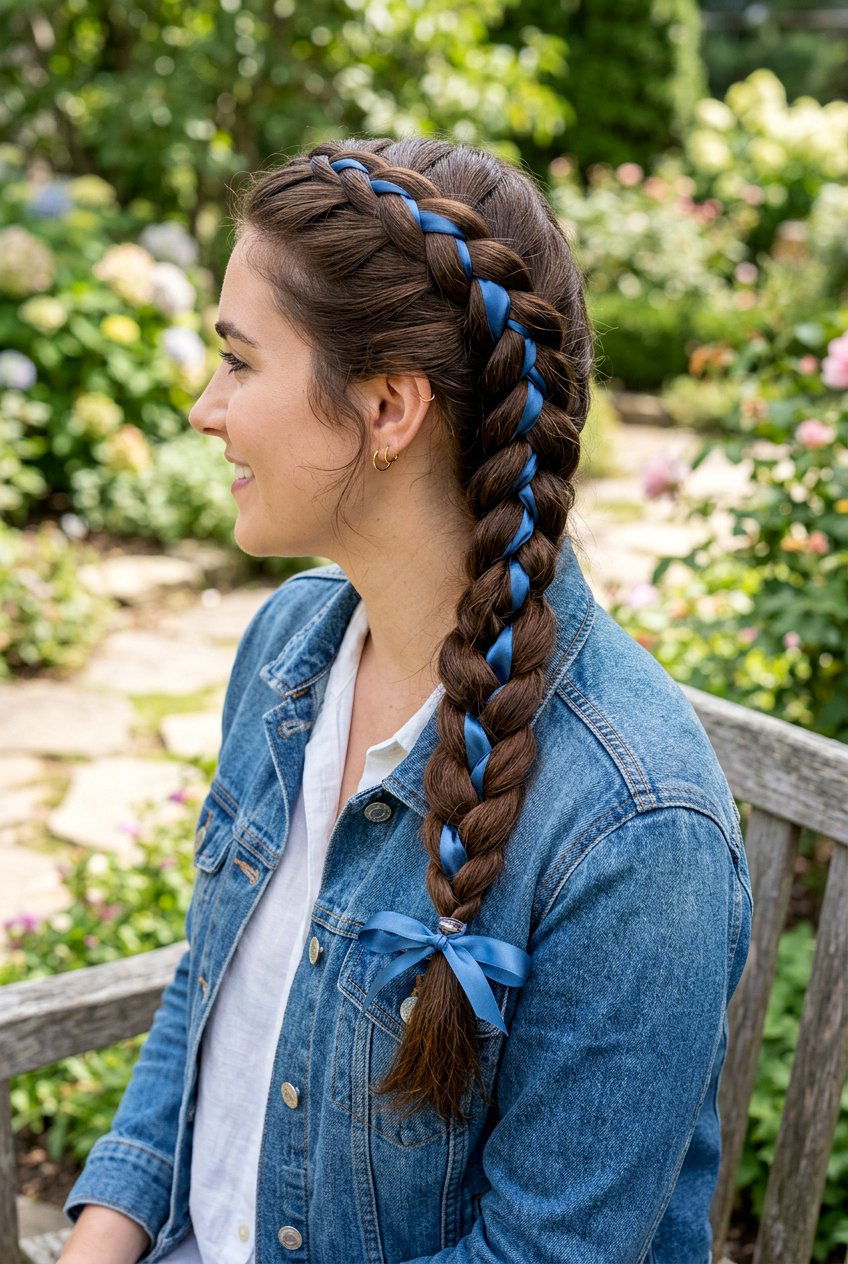 French Braid With Woven Ribbon - 20 coquette hairstyle with ribbon bow - 20 coquette hairstyle with ribbon bow
