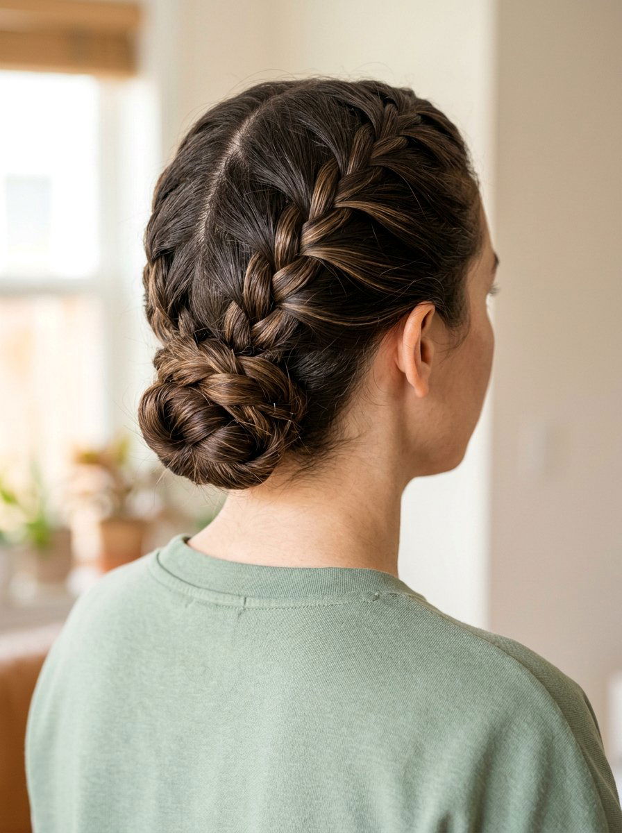 French Braided Low Bun - 20 yoga hairstyle with low bun - 20 yoga hairstyle with low bun