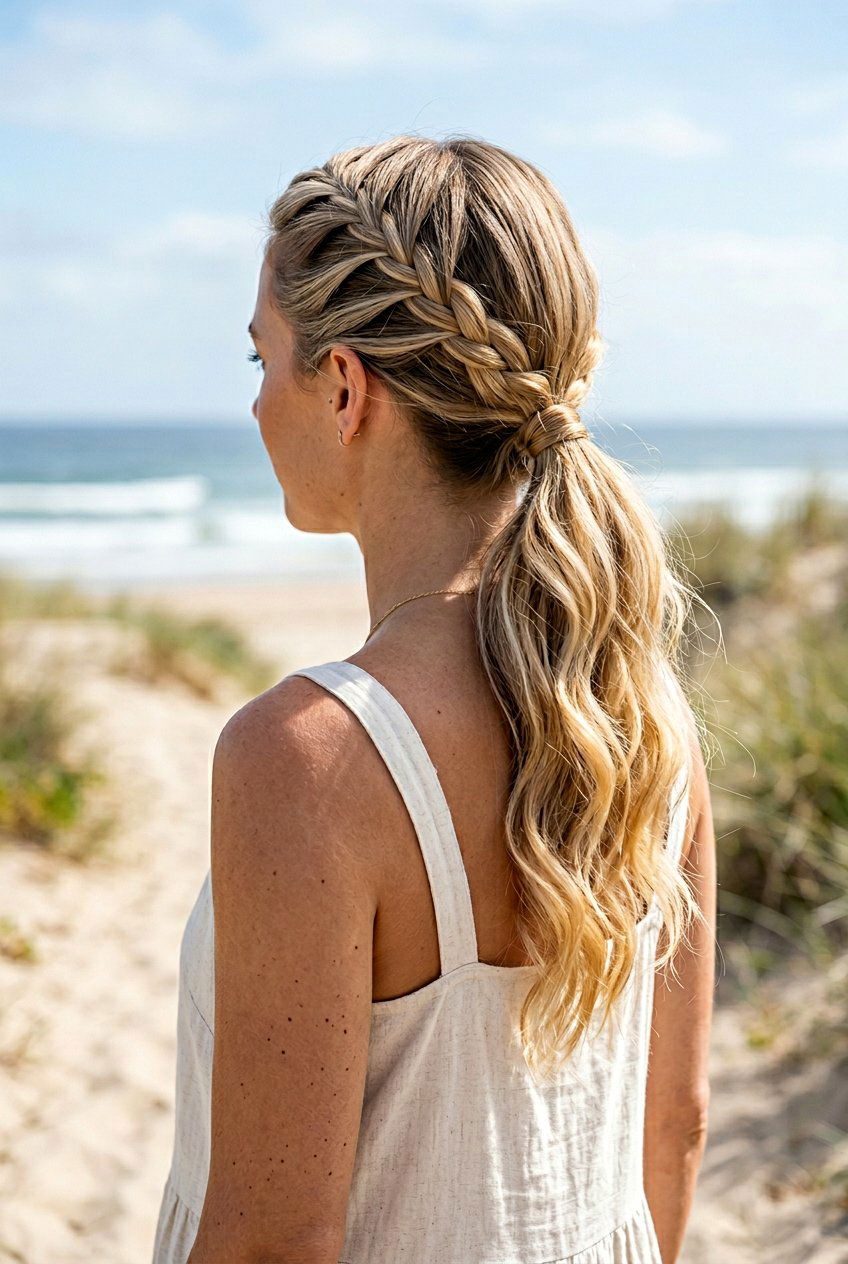 French Braided Low Ponytail With Beachy Waves - 20 braided low ponytail with waves - 20 braided low ponytail with waves