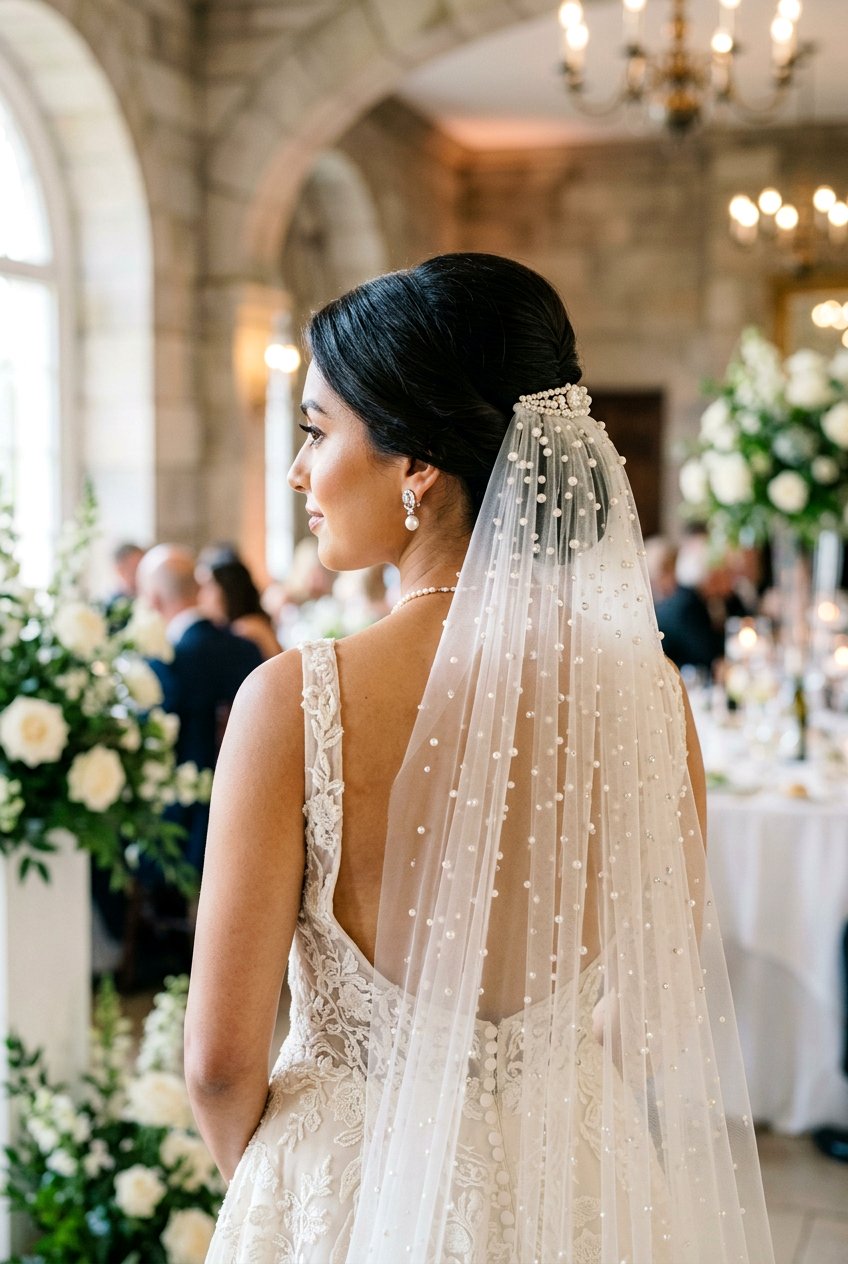 French Twist Bridal Low Bun With Pearl Veil - 20 bridal low bun with pearl veil - 20 bridal low bun with pearl veil