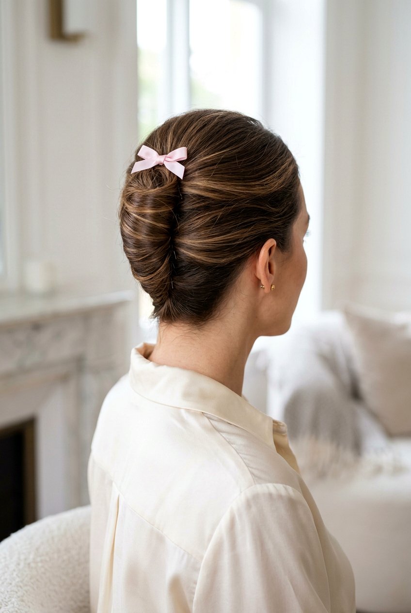French Twist Bun With Mini Bow - 20 coquette bow bun hairstyle - 20 coquette bow bun hairstyle
