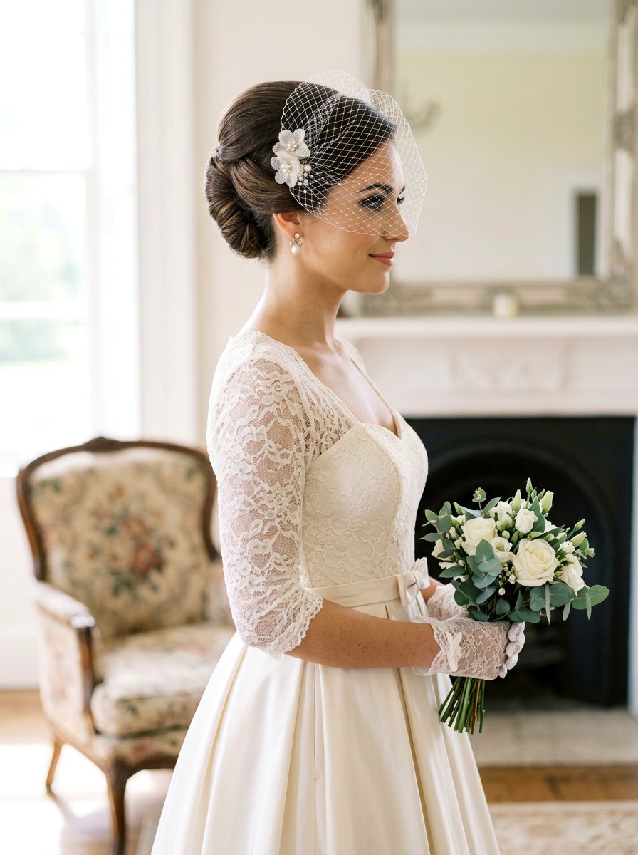 French Twist Updo With Birdcage Veil - 20 veil friendly wedding updo - 20 veil friendly wedding updo