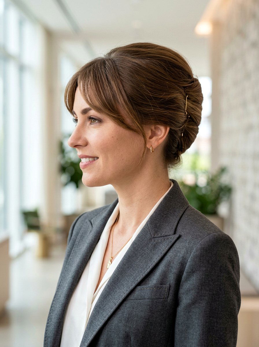 French Twist With Side Bangs - 20 office hairstyle for women with bangs - 20 office hairstyle for women with bangs