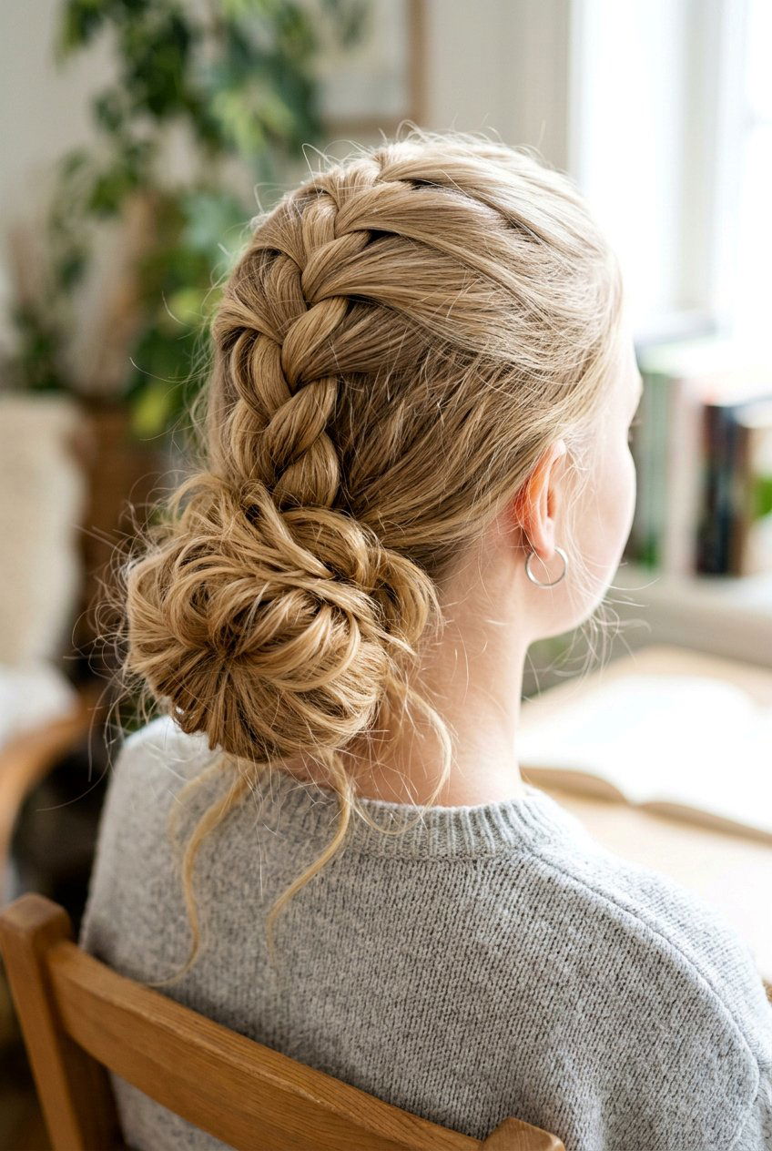 French braid into messy bun - 20 hairstyles for teenage girls - 20 hairstyles for teenage girls