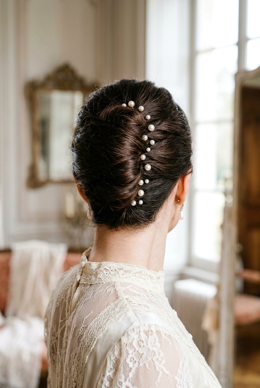 French twist bun with pearl pins - 20 dark academia bun for women - 20 dark academia bun for women