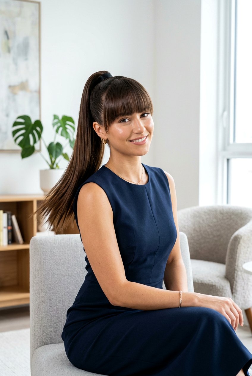 Fringed Sleek Ponytail - 20 chic ponytail for mother of the bride - 20 chic ponytail for mother of the bride