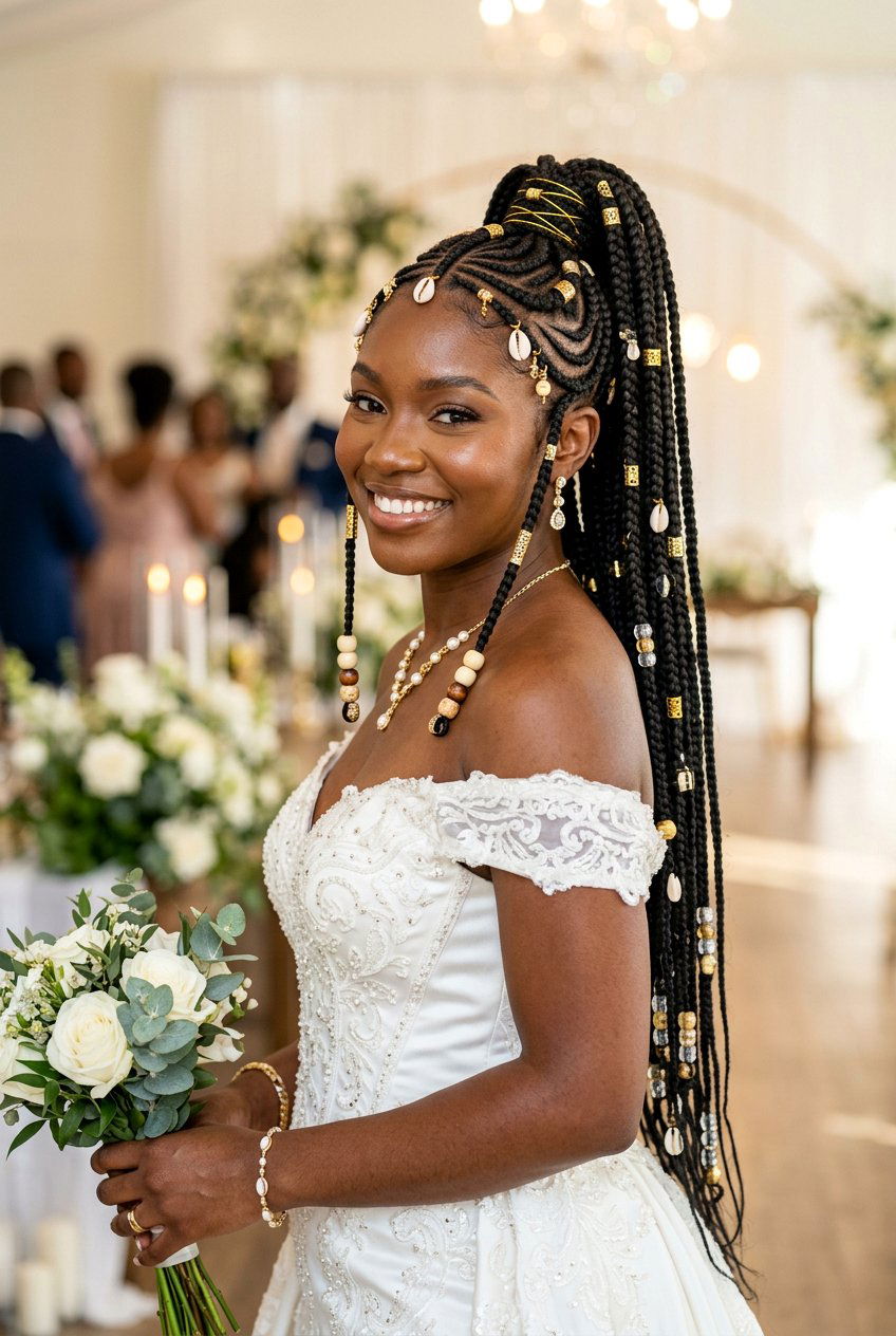 Fulani Braid Ponytail with Beads and Gold Cuffs - 20 bridesmaid braid ponytail for black women - 20 bridesmaid braid ponytail for black women