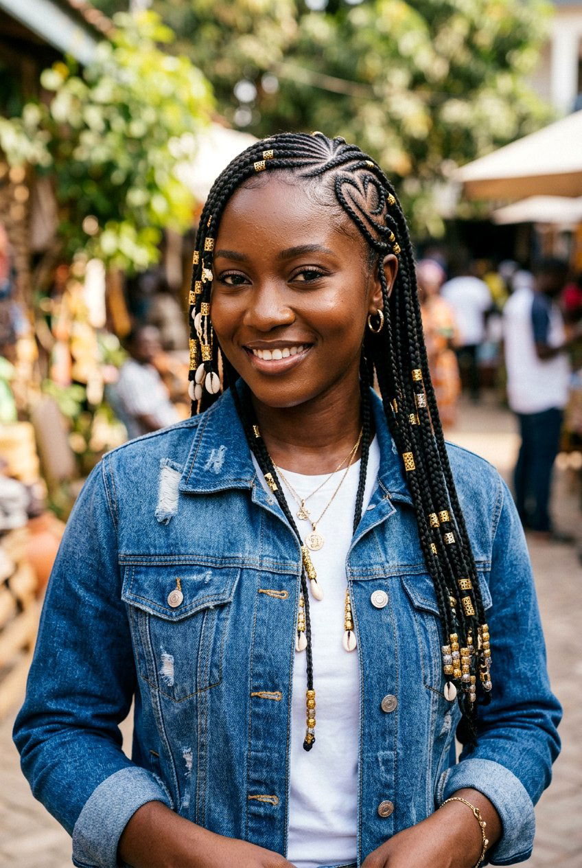 Fulani Braids With Heart Design - 20 fulani braids with beads - 20 fulani braids with beads