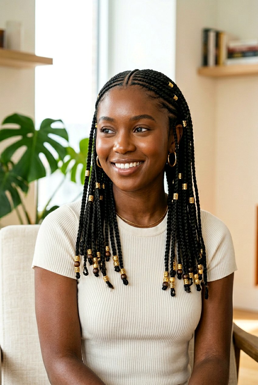 Fulani Braids with Side Part and Gold Cuffs - 20 protective styles for shoulder length natural hair - 20 protective styles for shoulder length natural hair