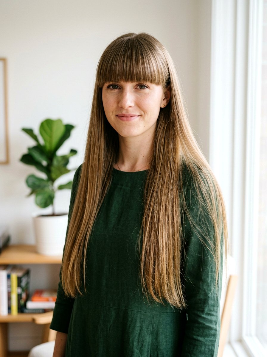 Full Fringe - 20 flattering haircut for oblong face women - 20 flattering haircut for oblong face women