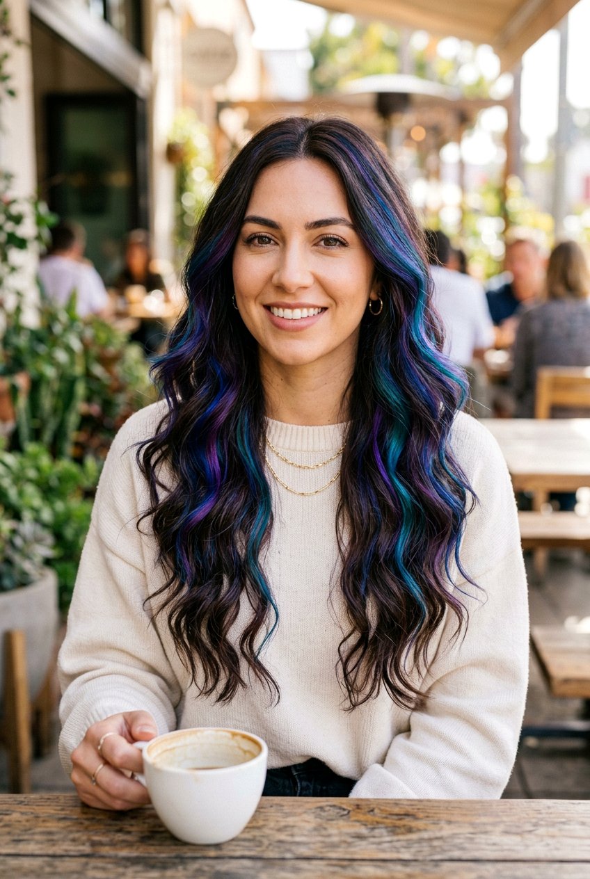 Galaxy Highlights on Dark Hair - 20 galaxy hair color ideas - 20 galaxy hair color ideas