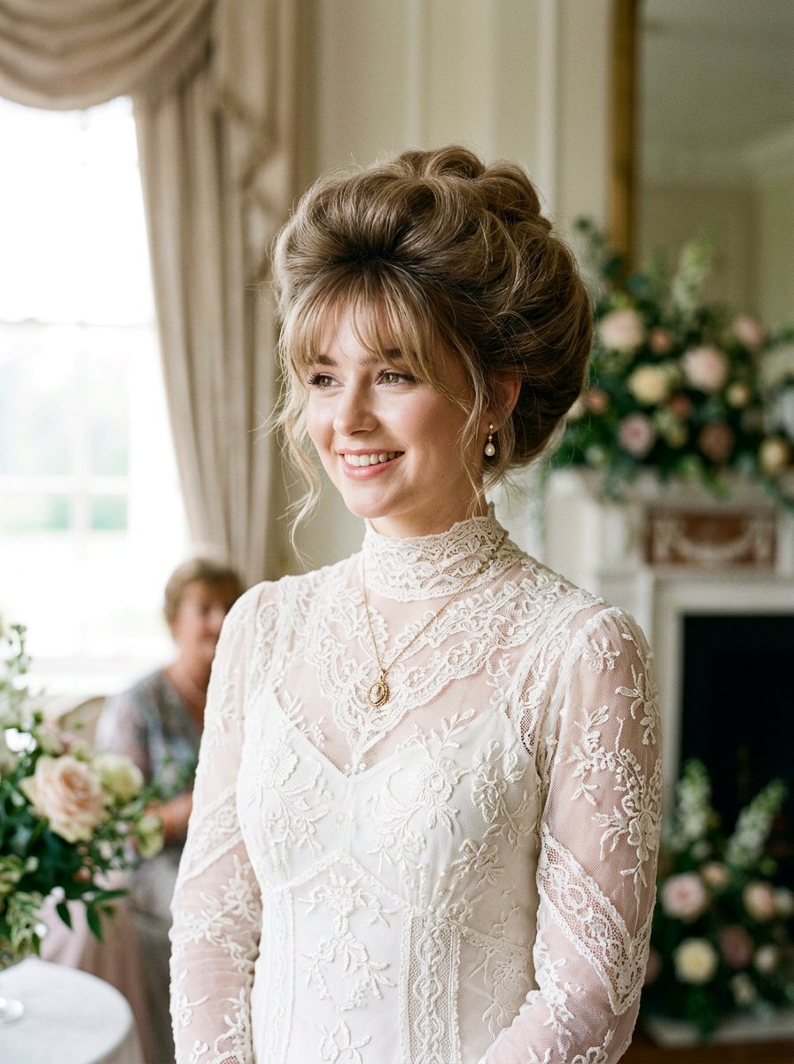 Gibson Girl Updo with Airy Bangs - 20 wedding hairstyles for brides with bangs - 20 wedding hairstyles for brides with bangs