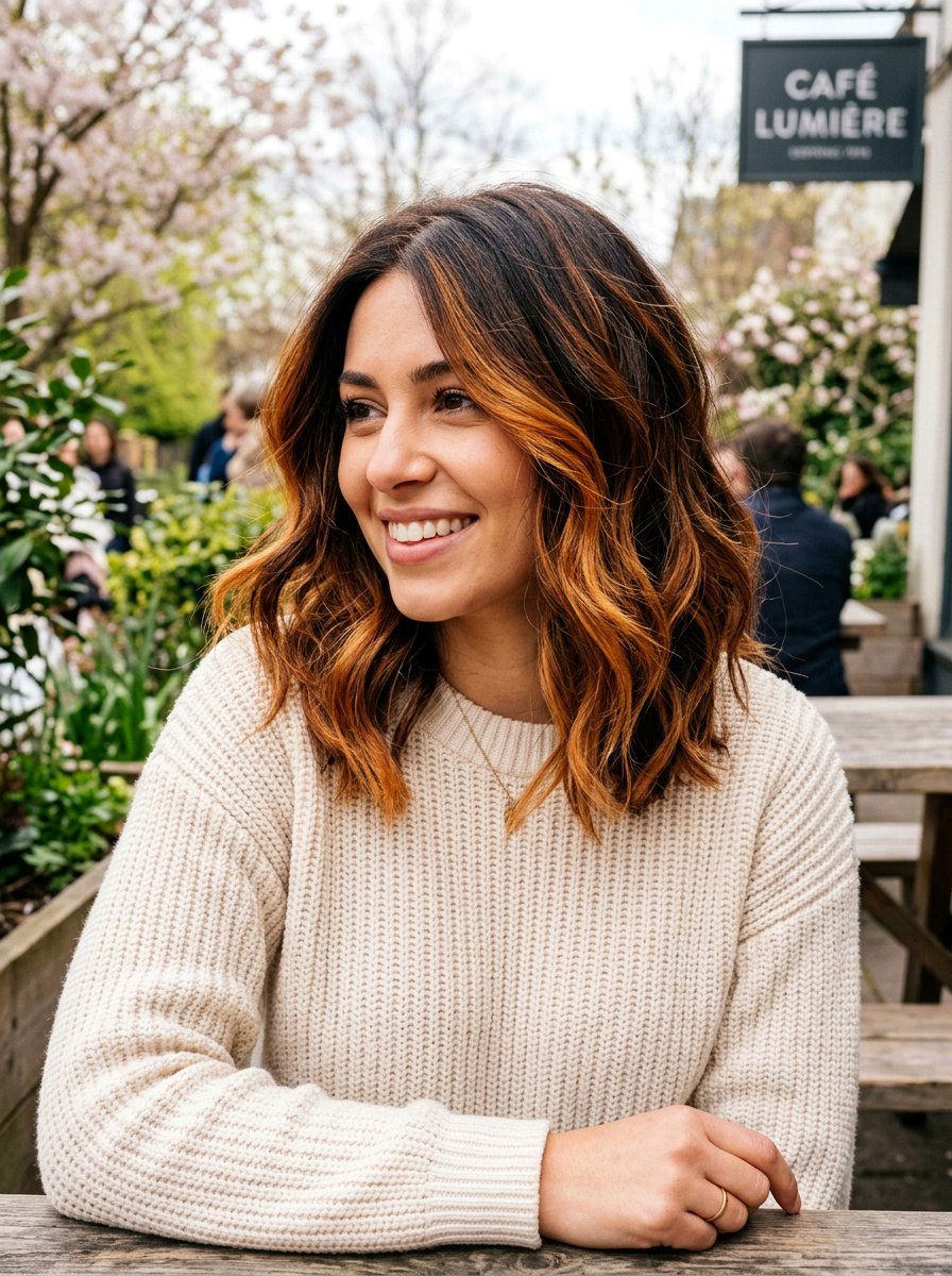 Ginger Brown Balayage On Brunette - 20 spring balayage for brunettes - 20 spring balayage for brunettes