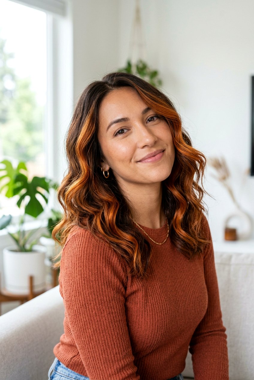 Ginger Copper Balayage on Brunette - 20 bright copper balayage ideas - 20 bright copper balayage ideas