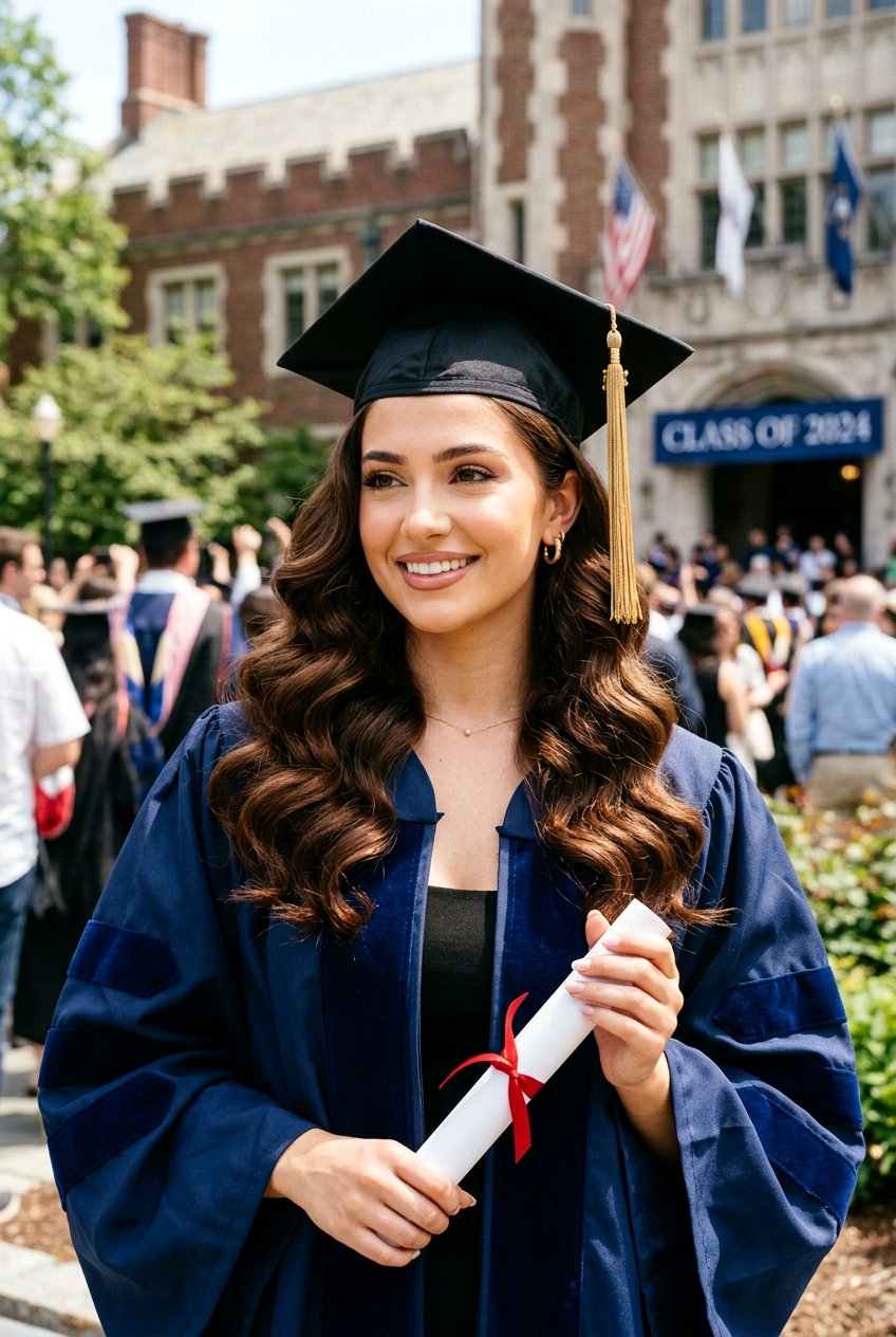 Glam Hollywood Curls With Graduation Cap - 20 graduation curls with cap - 20 graduation curls with cap