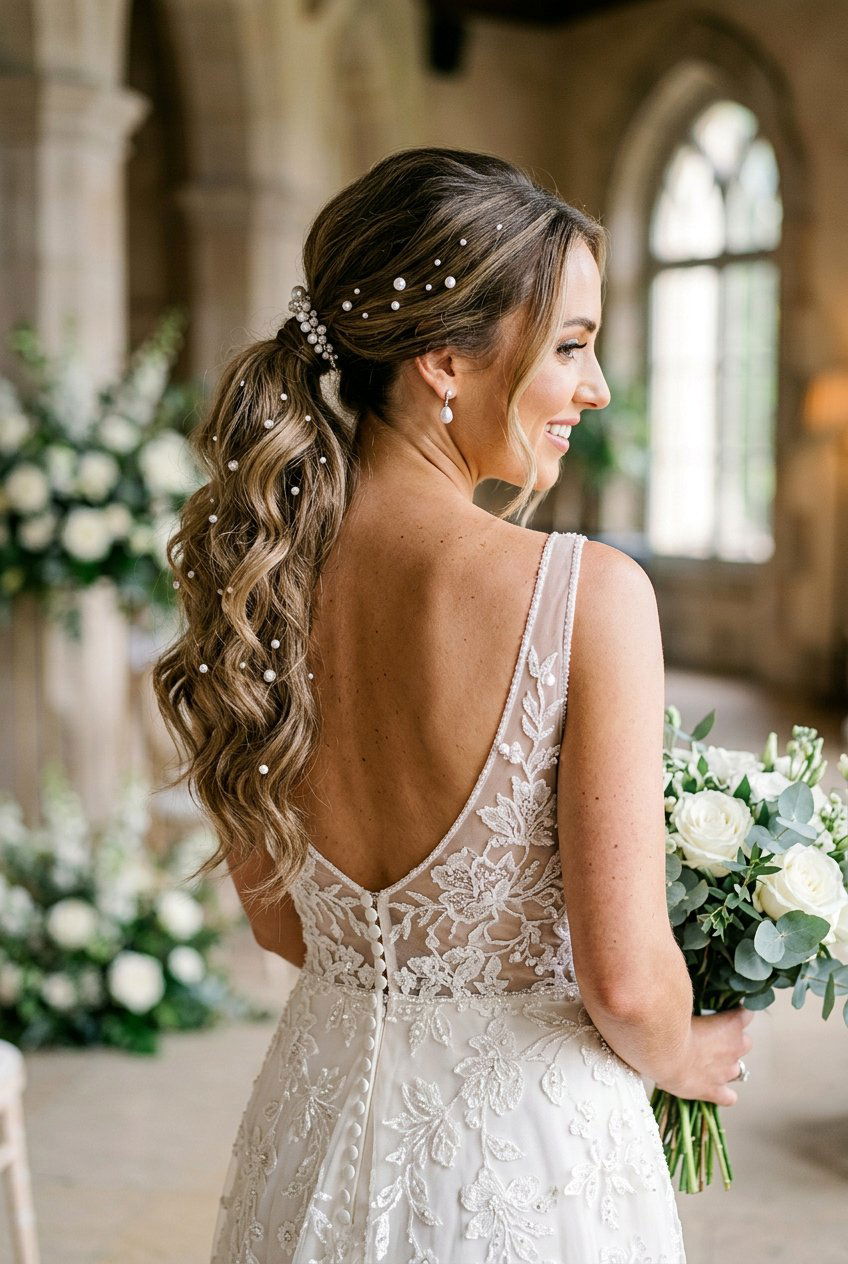 Glamorous Over The Shoulder Bridal Ponytail - 20 bridal ponytail with pearl pins - 20 bridal ponytail with pearl pins