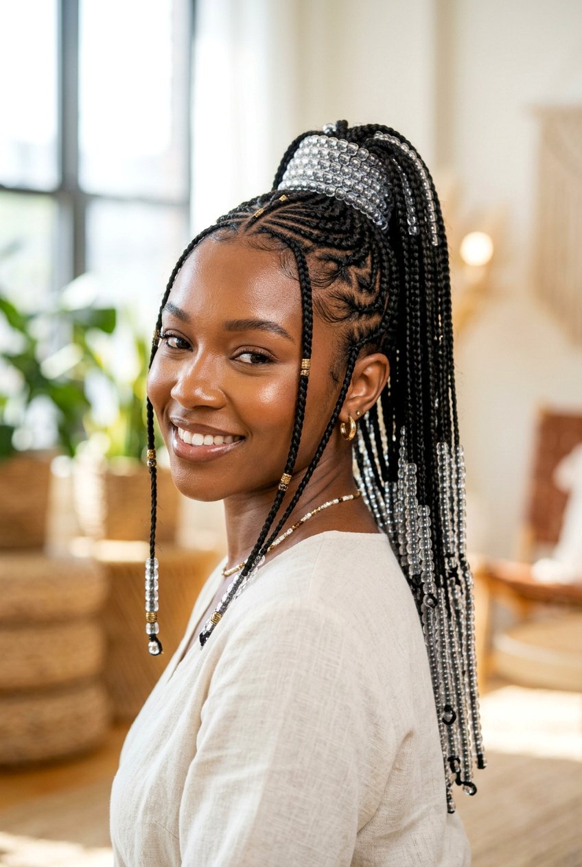 Glass Beads Fulani Braids Ponytail - 20 fulani braids ponytail with beads - 20 fulani braids ponytail with beads