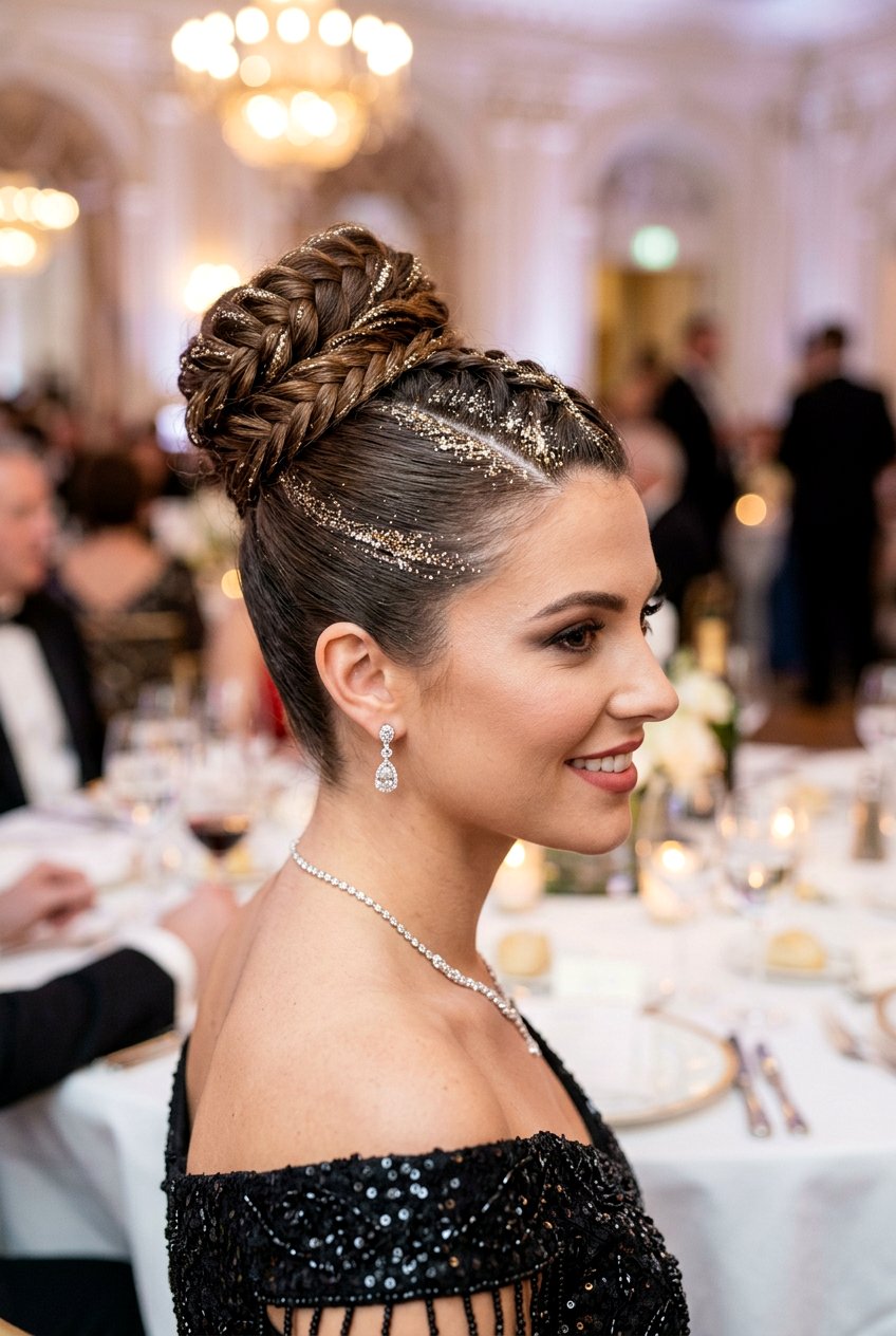 Glitter Braided Bun Updo - 20 glitter braid hairstyles - 20 glitter braid hairstyles