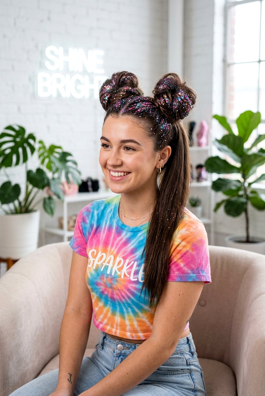 Glitter Ponytail With Space Buns - 20 birthday hairstyle with glitter ponytail - 20 birthday hairstyle with glitter ponytail