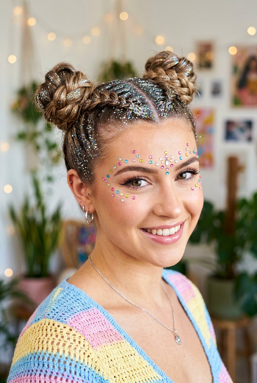 Glitter Root Braid Space Buns - 20 festival braid space buns - 20 festival braid space buns