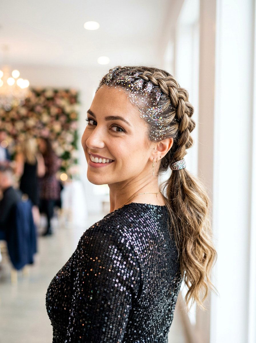 Glitter Root Side Braid Ponytail - 20 party hairstyle with side braid ponytail - 20 party hairstyle with side braid ponytail