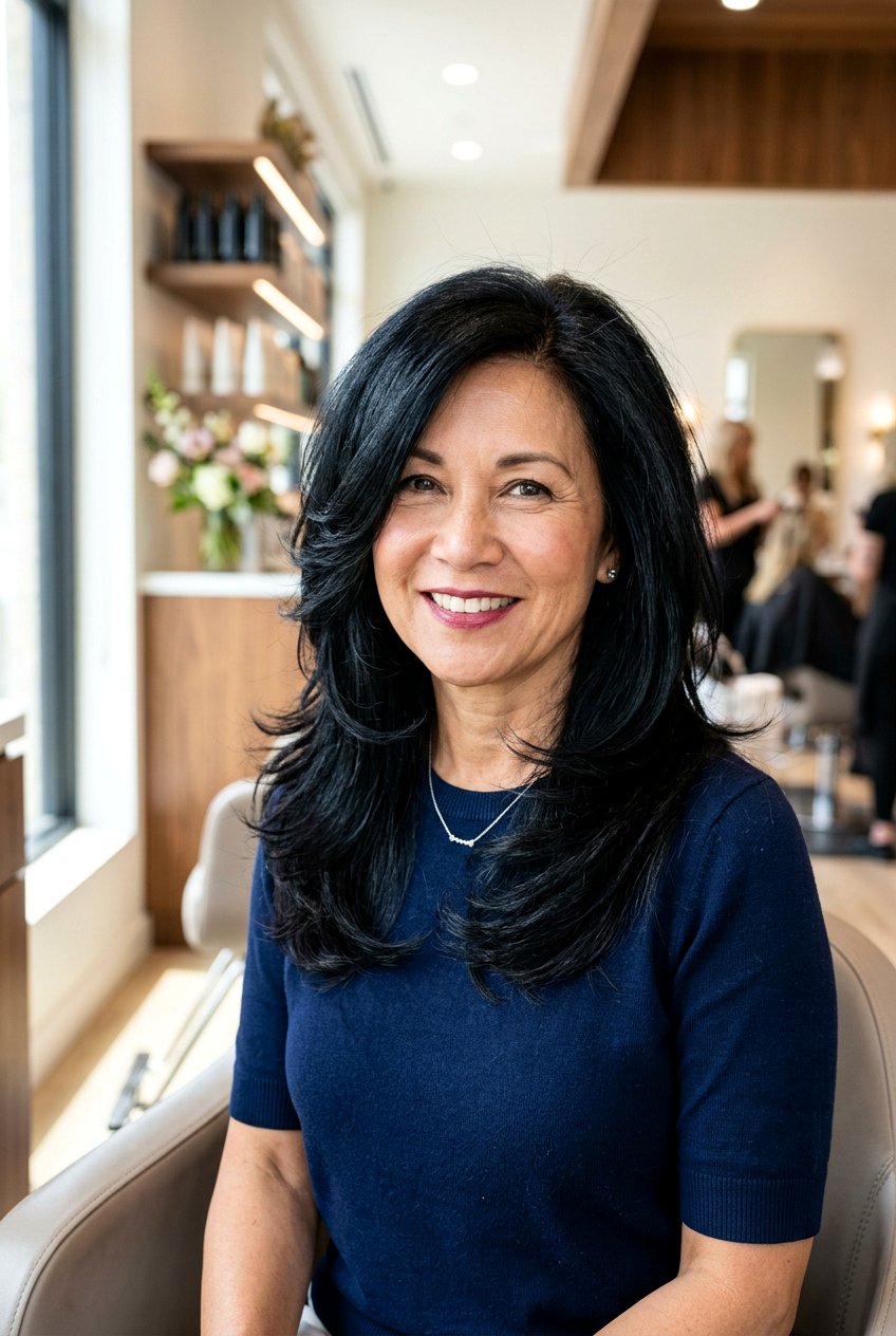 Glossy Black Layered Hair - 20 glossy black hair color for women over 50 - 20 glossy black hair color for women over 50