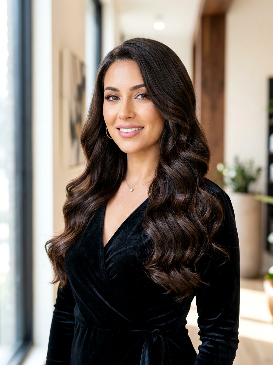 Glossy Brunette Waves - 20 old money waves hairstyle - 20 old money waves hairstyle
