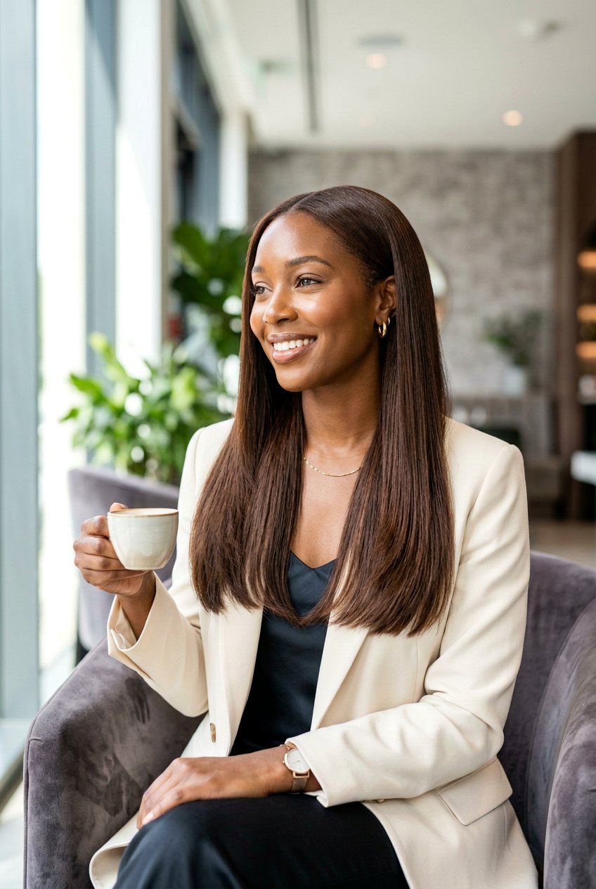 Glossy Cocoa Brunette Silk Press Hair - 20 cool cocoa brunette - 20 cool cocoa brunette