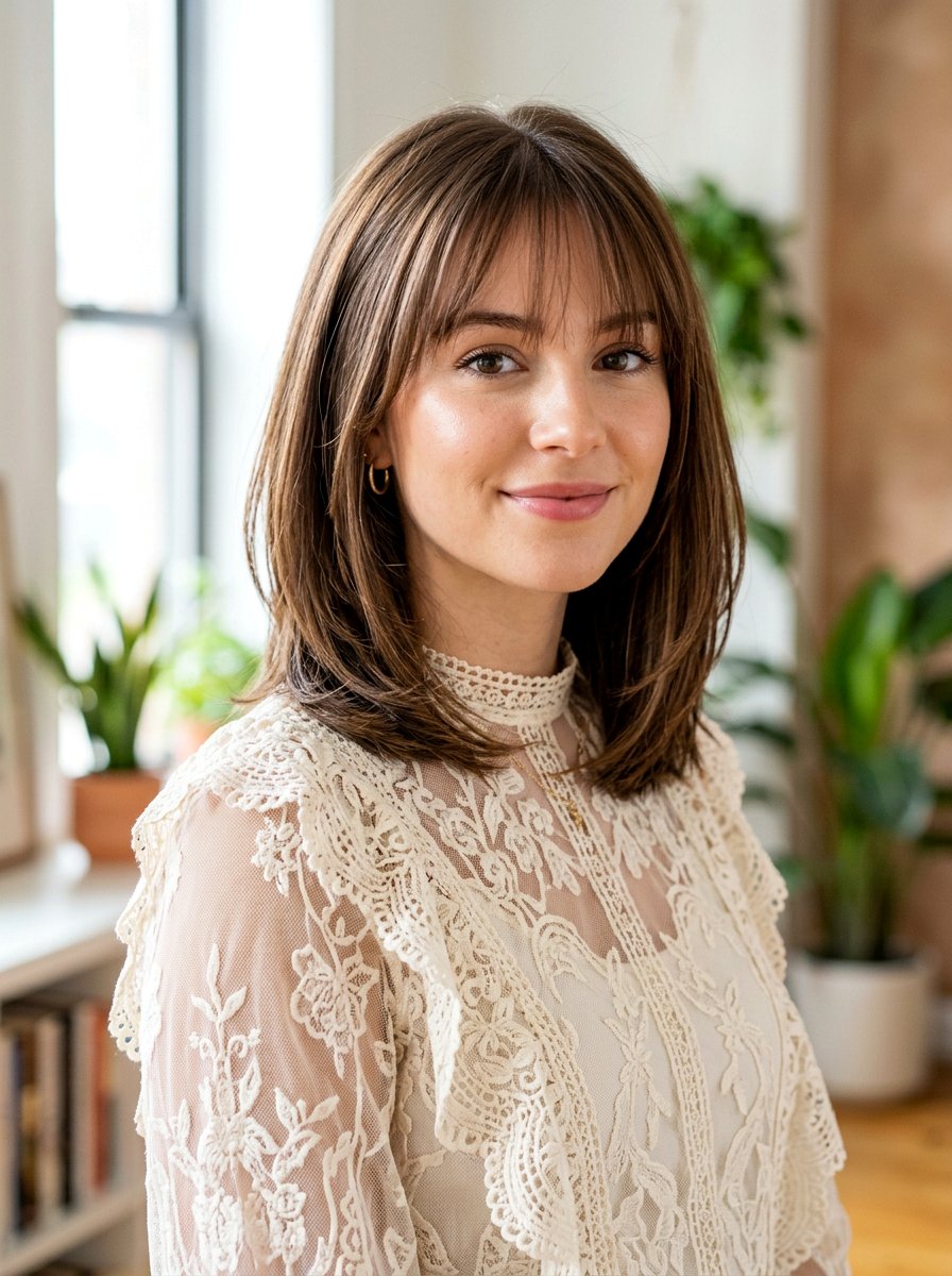 Glossy Layered Lob With Wispy Bangs - 20 glossy layered shoulder length haircut - 20 glossy layered shoulder length haircut