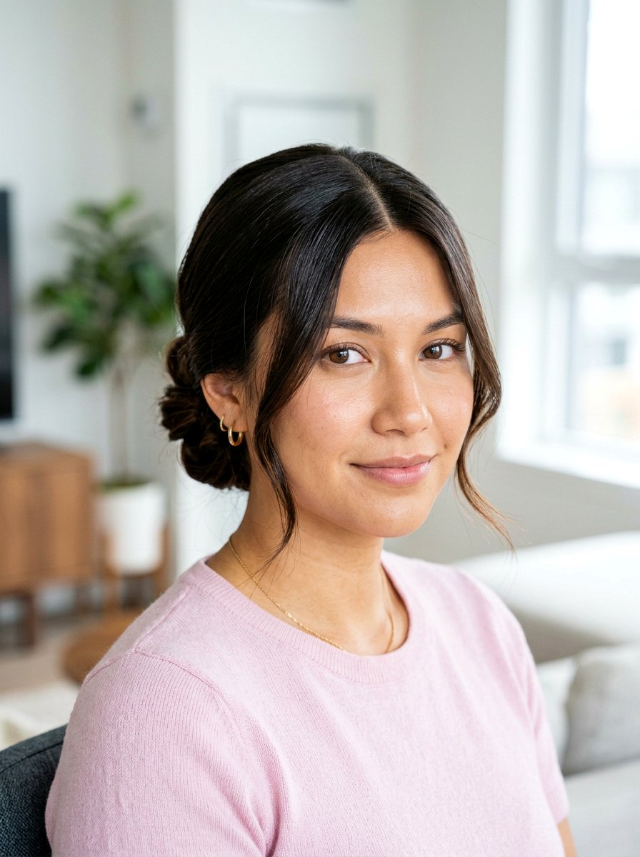 Glossy Low Bun With Middle Part And Face Framing Pieces - 20 glossy low bun with middle part - 20 glossy low bun with middle part