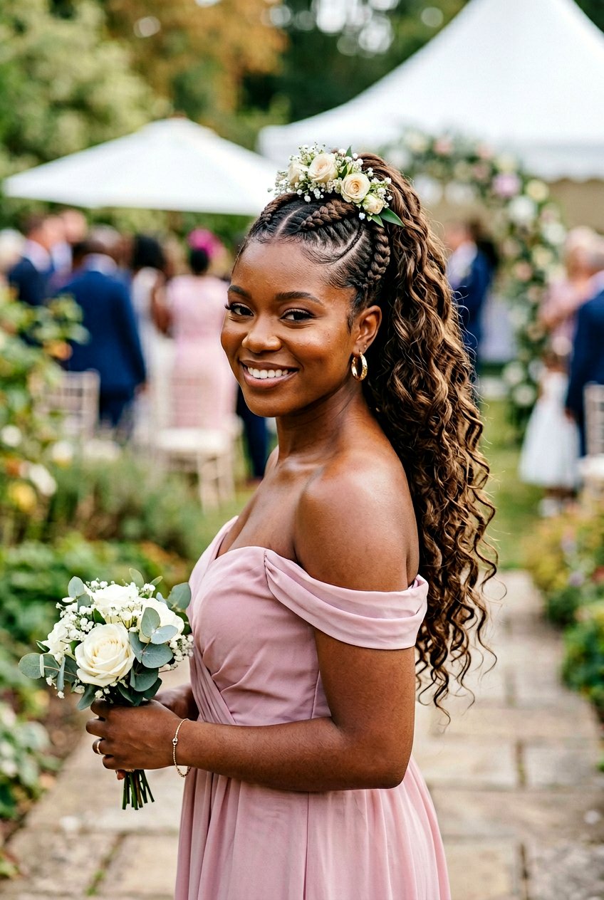 Goddess Braid Ponytail with Loose Curly Ends - 20 bridesmaid braid ponytail for black women - 20 bridesmaid braid ponytail for black women