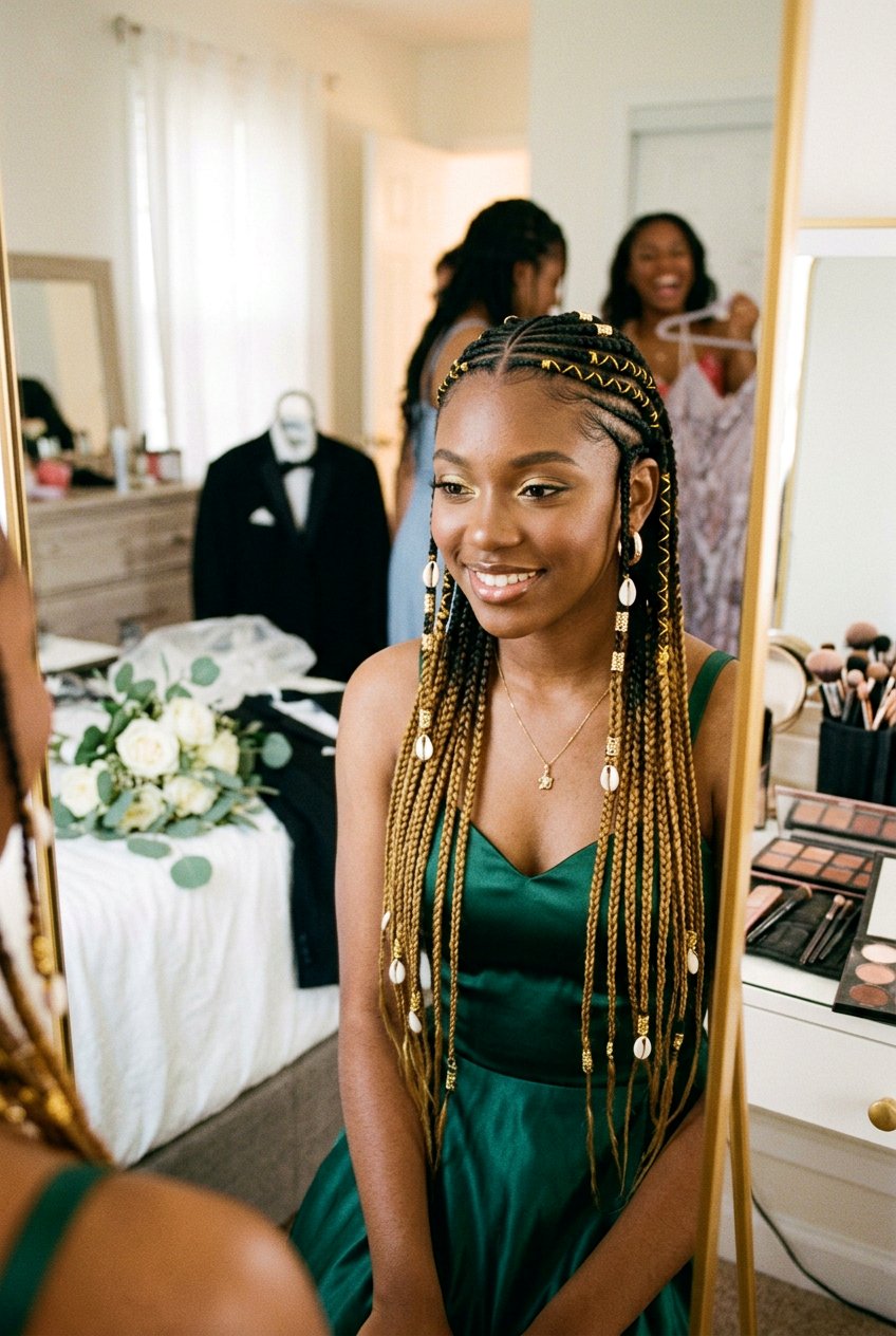 Goddess Braids Updo with Loose Curly Ends - 20 prom braid styles for black women - 20 prom braid styles for black women