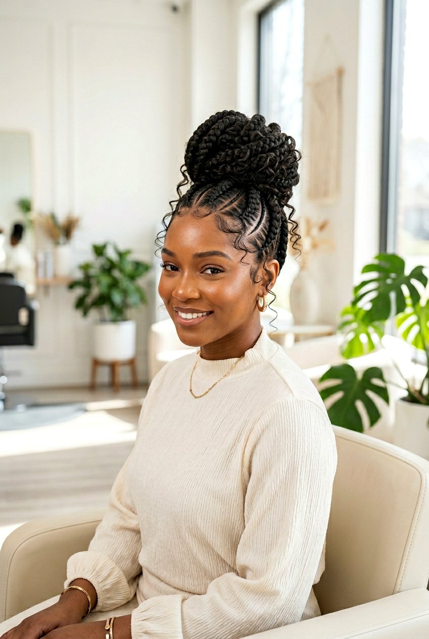 Goddess Braids in a High Bun - 20 protective styles for long natural hair - 20 protective styles for long natural hair