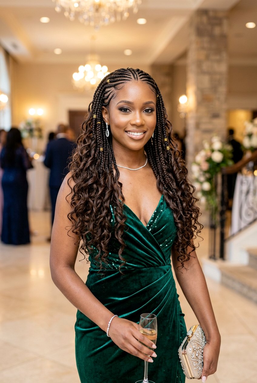 Goddess Cornrows With Loose Human Hair Curls - 20 straight back cornrows with curly ends - 20 straight back cornrows with curly ends