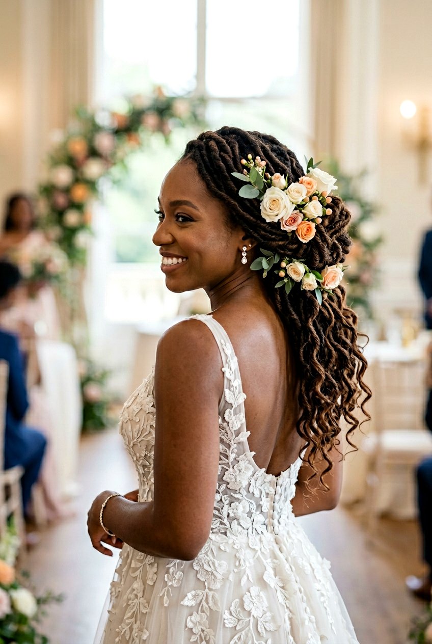 Goddess Faux Locs Bridal Updo with Florals - 20 bridal faux loc updo - 20 bridal faux loc updo