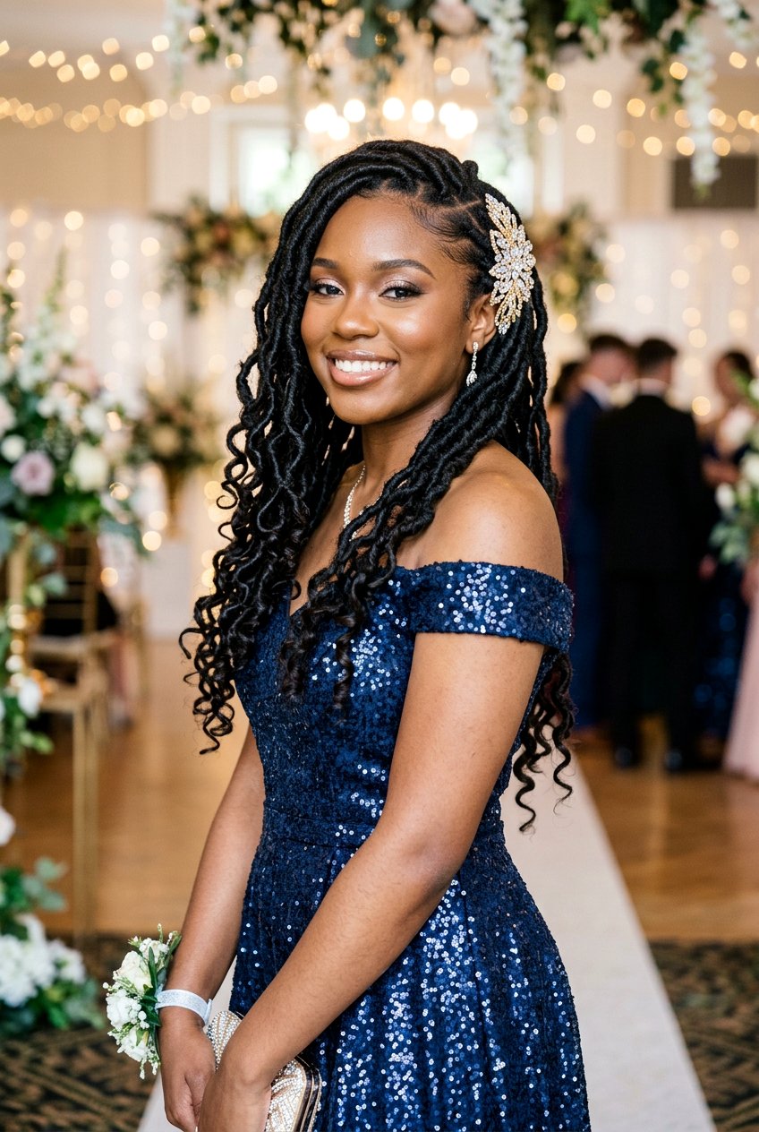 Goddess Locs Side Swept - 20 black women prom hairstyle ideas - 20 black women prom hairstyle ideas
