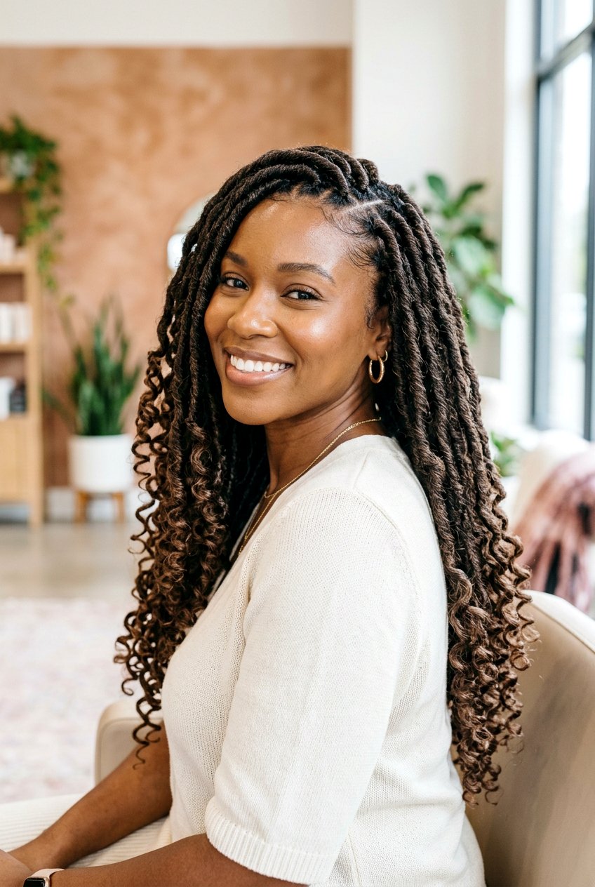 Goddess faux locs with curly ends - 20 faux locs hairstyles - 20 faux locs hairstyles