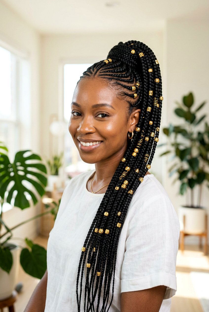 Gold Beads Fulani Braids Ponytail - 20 fulani braids ponytail with beads - 20 fulani braids ponytail with beads