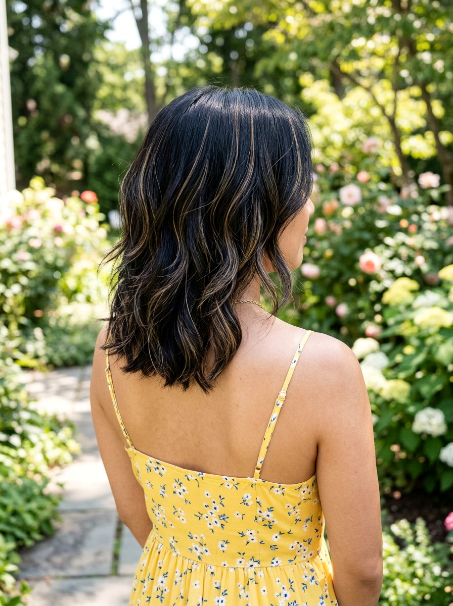 Golden Babylights On Black Layered Lob - 20 subtle highlights for dark black hair - 20 subtle highlights for dark black hair