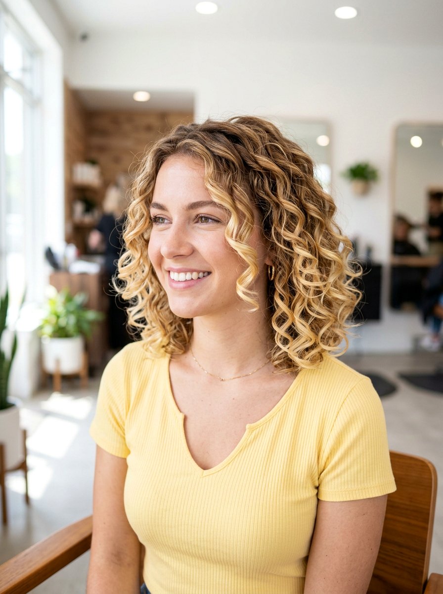 Golden Blonde Dimensional Balayage Neck Length Curly Bob - 20 dimensional balayage for curly bob - 20 dimensional balayage for curly bob