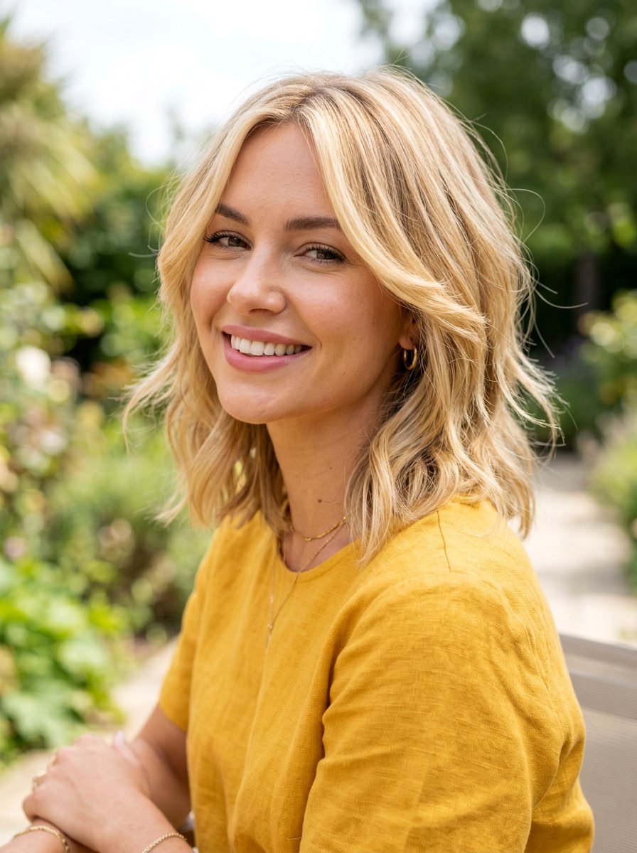 Golden Blonde Face Framing Layered Lob - 20 dimensional blonde for layered lob - 20 dimensional blonde for layered lob