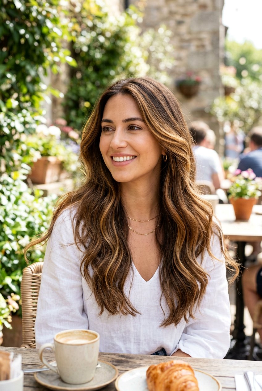 Golden Brown Highlights on Long Brunette Hair - 20 soft brunette highlights - 20 soft brunette highlights