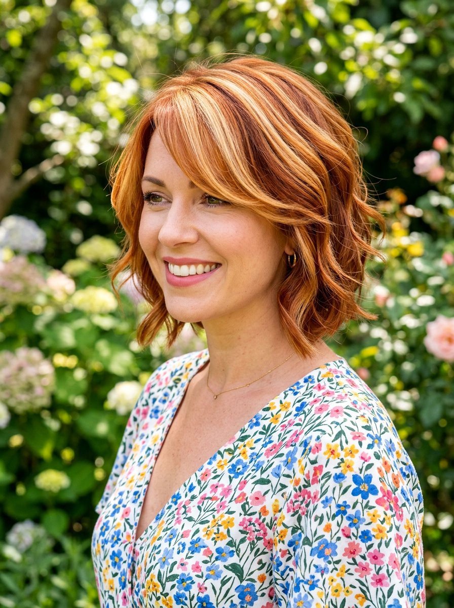 Golden Copper Layered Bob - 20 dimensional bob hair color ideas - 20 dimensional bob hair color ideas