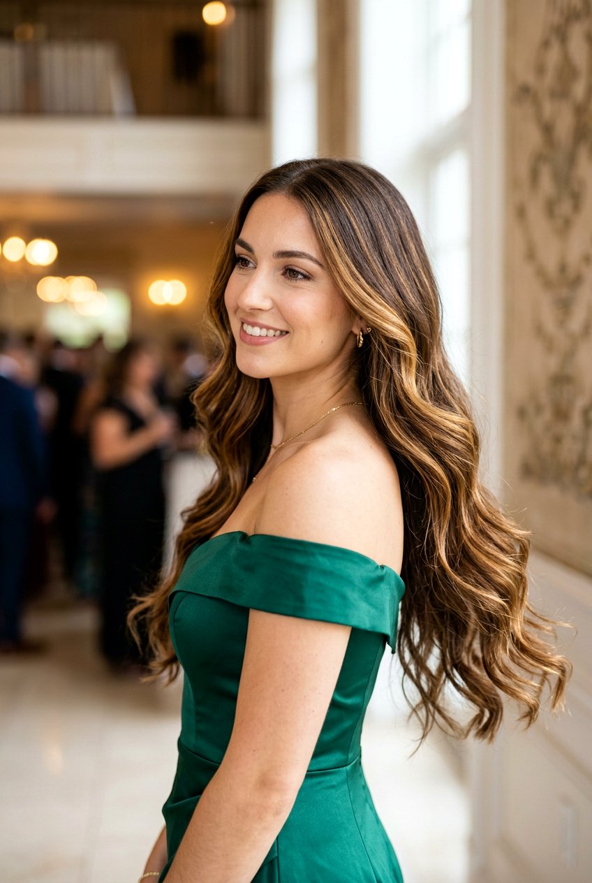 Golden caramel ribbons on long hair - 20 delicate caramel ribbons for mature brunettes - 20 delicate caramel ribbons for mature brunettes