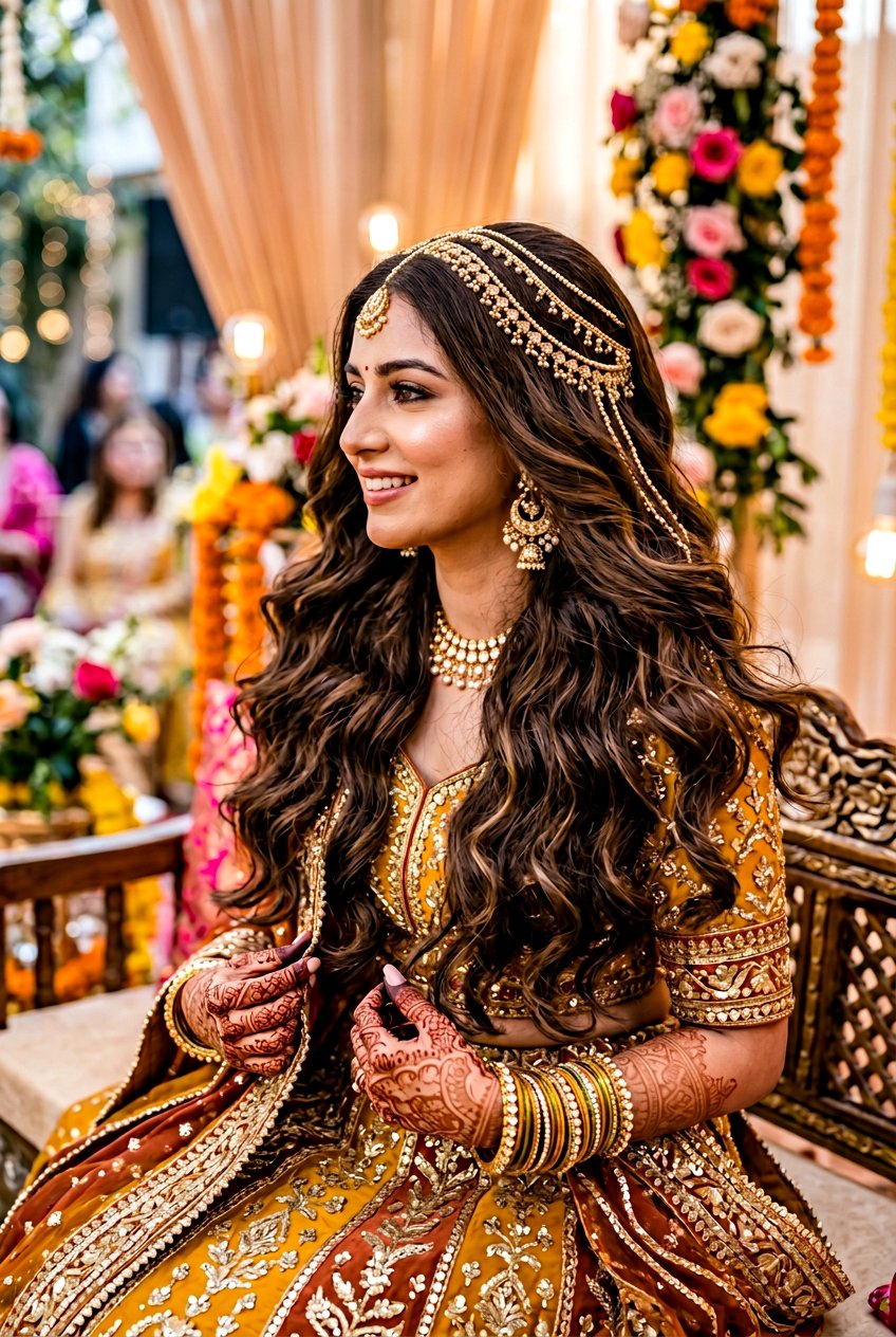Gota Embellished Long Open Hair for Mehndi - 20 mehndi hairstyles - 20 mehndi hairstyles