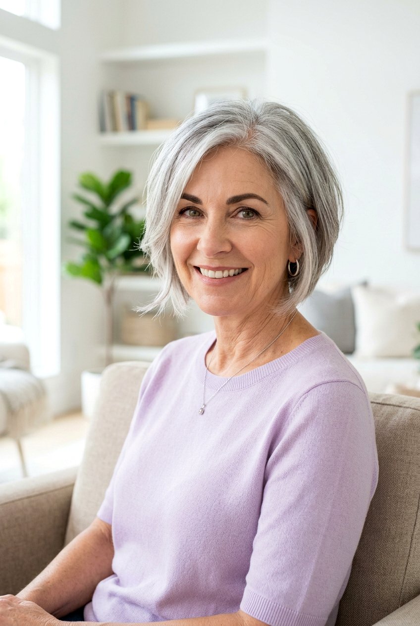 Graduated Gray Bob With Wispy Layers - 20 gray bob with layers for older women - 20 gray bob with layers for older women